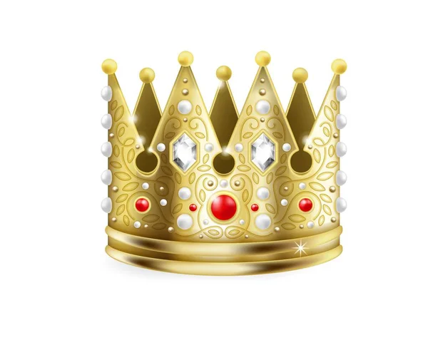 황금 왕관. 3D 킹 코로나. 루비와 반짝 이는 다이아몬드와 진주로 장 식 된 현실적 인 머리장식. 왕들의 단독 대관식 헤드기어. 군주제와 왕족을 상징하는 벡터 — 스톡 벡터
