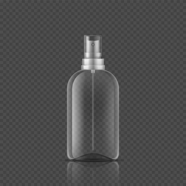 スプレーボトル。現実的な空のパッケージ、ガラスやプラスチックからの3Dチューブ、アトマイザーで蓋。透明な背景に化粧品や防腐剤の包装。ベクトルコンテナ — ストックベクタ
