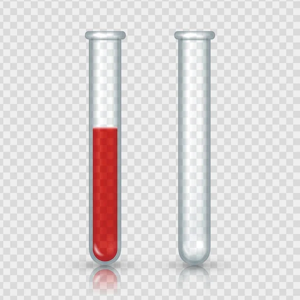 Tubos de ensayo con sangre. Equipo de laboratorio realista. Viales vacíos y llenos de vidrio sobre fondo transparente. Botella de laboratorio con líquido rojo. Espécimen médico para experimentos, conjunto de vectores — Vector de stock