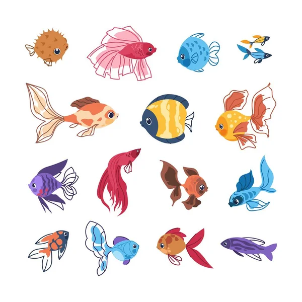 Peces de dibujos animados. Animales marinos coloridos. Clipart dibujado a mano de los habitantes tropicales submarinos. Acuario decorativo aislado nadando peces de colores. Fauna oceánica, vector submarino conjunto de criaturas — Vector de stock