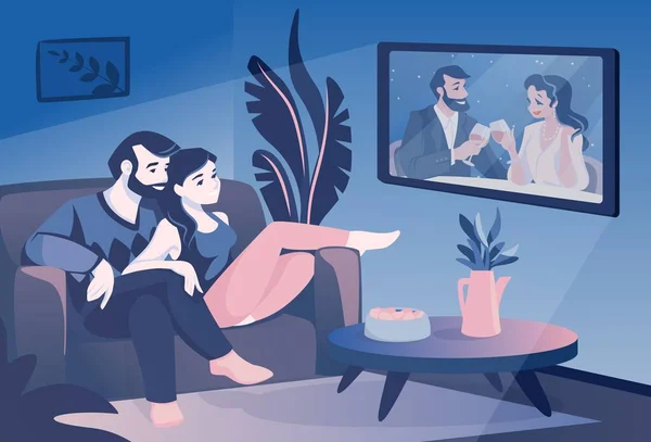 Una pareja mira la tele. Familia sentada en el sofá y viendo programas de televisión, marido y mujer pasan tiempo juntos. Pasatiempo de ocio por la noche. Cómodo salón interior. Escena vectorial — Vector de stock