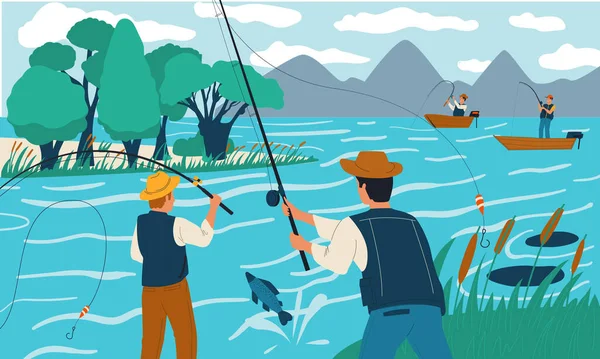 Pesca. Le persone pescano con canne da riva o in barca. Scena con pescatori felici sul lago. Attività ricreative e tempo libero vacanza. Passatempo maschile. Illustrazione delle vacanze estive vettoriali — Vettoriale Stock