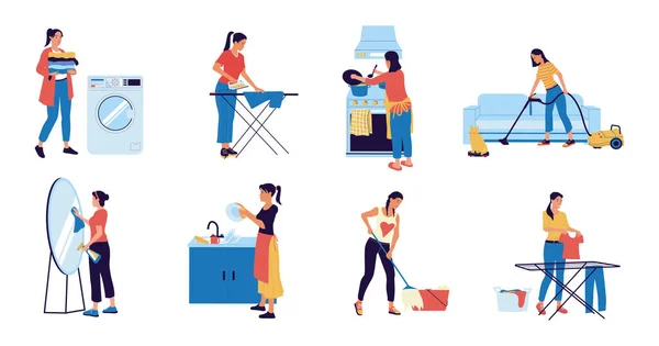 Femme au foyer. Une dessinatrice qui fait le ménage. Jeune cuisine féminine, nettoyage de la maison avec aspirateur, lavage et repassage des vêtements. Scènes de ménage, activité de routine vectorielle — Image vectorielle