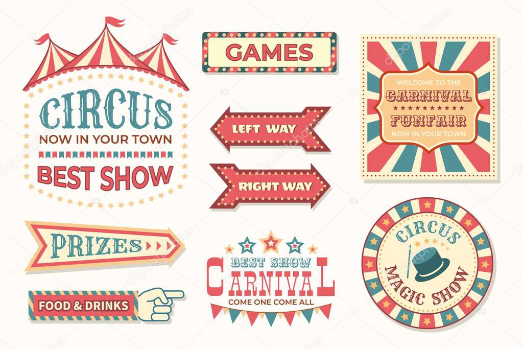 Circus vintage banner. Carnival retro signs. Colorful collection of stylized pointers. Signboards and welcome posters for festival. Old-fashioned billboards for fair cafe and festive show, vector set
