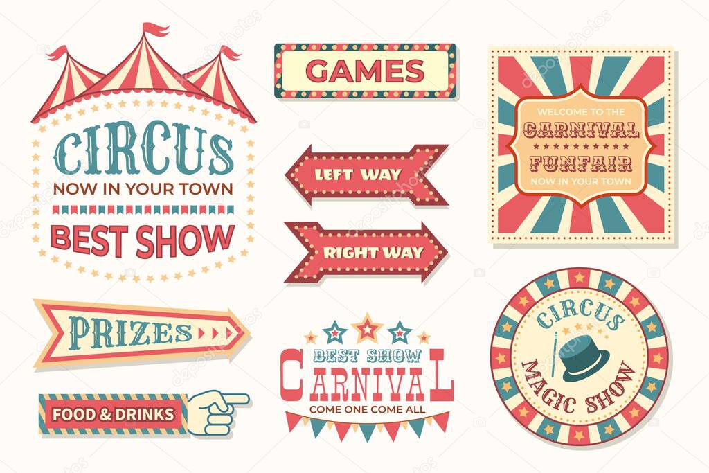 Circus vintage banner. Carnival retro signs. Collection of stylized pointers. Signboards and posters for festival. Old-fashioned billboards for fair cafe and festive show, vector set