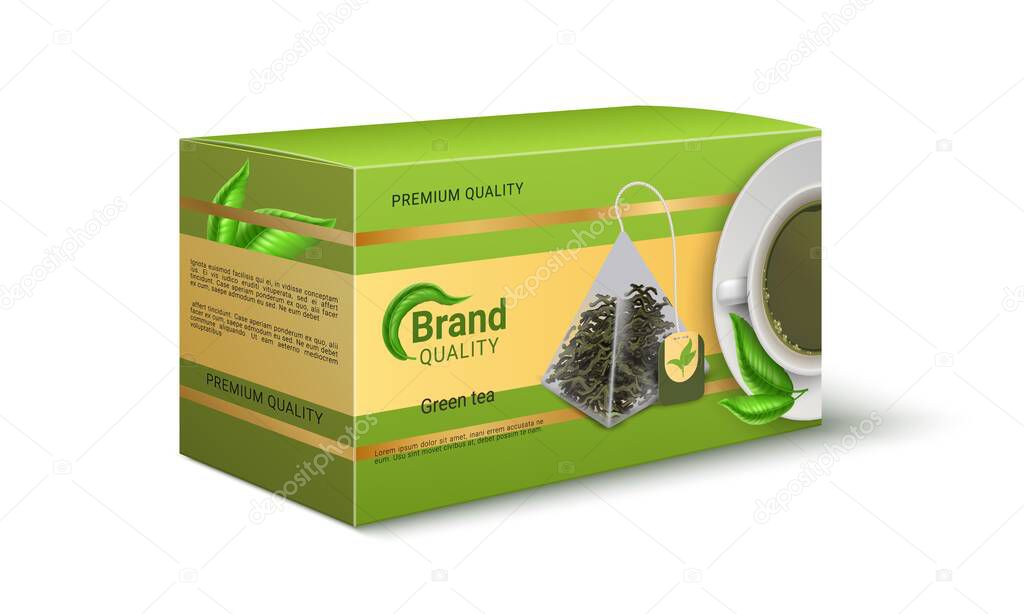 Packaging of green tea. Realistic product pack design. Brand identity template with copy space. Pyramid shaped bags for dried leaves. Premium quality merchandise. Vector square cardboard container