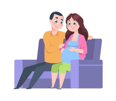 Genç ebeveynler evde. Müstakbel baba ve hamile kadın kanepede oturuyor. Çocuk bekleyen insanlar. Koca, hamilelik döneminde karısına destek oluyor. Vektör çift birlikte vakit geçiriyor.