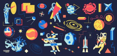 Astronot. Uzayda kozmonot, gezegenler ve yıldızlar olan fütürist astronomi koleksiyonu. Soyut psikedelik şekiller ve gizemli kozmik fenomenler. Kozmos keşfi, vektör seti