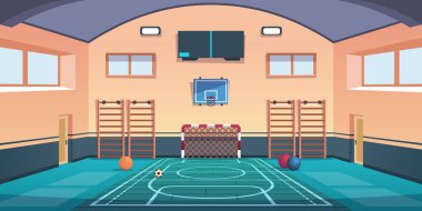 Karikatür okulu mahkemesi. Basketbol sepetli, futbol gollü ya da jimnastik aletli spor salonu. Oyun oynamak ve antrenman yapmak için rahat bir oyun alanı. Spor salonu için vektör spor salonu
