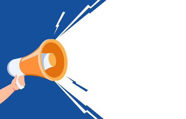 Hand with loudspeaker. Cartoon arm holding megaphone. Colorful background with copy space. Electronic device for increasing voice volume. Loud audio message, vector promotional banner