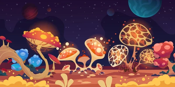 Paysage exotique. Fantaisie espace fond avec des champignons monstres colorés, la flore du jeu magique. Grèbes fantastiques et ciel nocturne sombre avec des planètes ou des étoiles. Paysages extraterrestres vectoriels — Image vectorielle