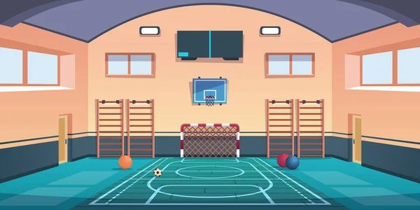 Tribunale scolastico dei cartoni animati. Palestra con cestino da basket e porta calcio o attrezzatura ginnica. Comodo parco giochi per giocare e allenarsi. Palestra vettoriale palestra sportiva per l'allenamento — Vettoriale Stock