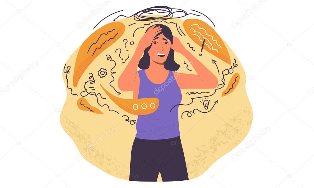 Stressed person. Cartoon girl with emotional trauma and mental disorder, depression or despair. Scared woman with phobias and confused thoughts. Vector psychological support concept