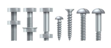 Gerçekçi çelik kendini tıklatıyor. Sıkıştırılmış fındıklı metal cıvatalar. Çokgen ve yuvarlak başlı paslanmaz çiviler. Gümüş donanım çeşidi. Yapı ekipmanlarının vektör kümesi