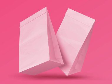 Atıştırmalık. Gerçekçi boş kağıt torbaları. Gıda ürünleri için pembe kapalı paketler. Fotokopi alanı olan paket paketleri. Çevre dostu geri dönüşümlü ambalaj, markalaşma için vektör modeli