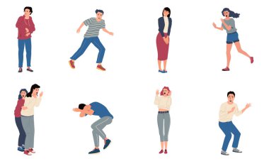 Korkmuş insanlar. Sinir tepkisiyle şaşırmış ve şok olmuş insanlar. Endişeli ve korkmuş çizgi film karakterleri. Korkudan çığlık atan kadın ya da erkekler. Bir dizi panik atak.