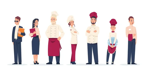 Trabajadores de restaurantes. La gente de pie trabaja en la cafetería. Camarero y jefe, administrador y personal de cocina usan uniforme. Concepto de carrera, empleo en el sector servicios. Conjunto vectorial de empleados — Archivo Imágenes Vectoriales