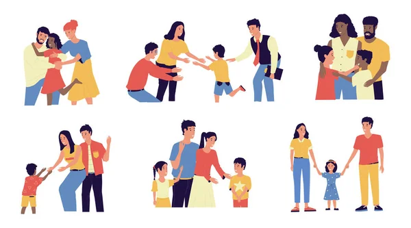 Adopción. Pareja de dibujos animados adoptar niños internacionales felices. Escenas de padres adoptivos alegres. Cuidando de huérfano. Madre y padre abrazando a los niños. Ilustración de familias multiraciales vectoriales — Archivo Imágenes Vectoriales