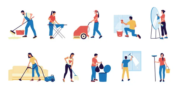 Housekeeper. Characters with mops and buckets washing floor or window. People taking out trash and ironing clothes. Scenes set of maid work from cleaning service. Vector housekeeping — Stock Vector