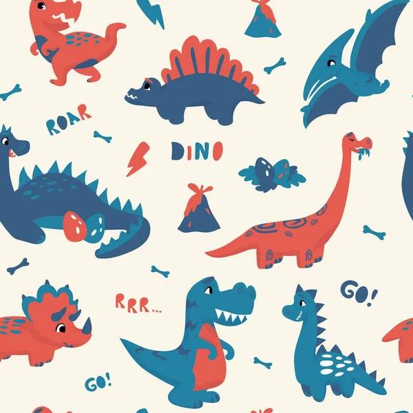 Söt dinosaurie mönster. Sömlös konsistens med förhistoriska bedårande djur, handritade tecknade barn bakgrund. Bedårande dino inredning textil, omslagspapper tapet vektor tryck — Stock vektor