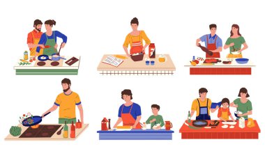 İnsanlar mutfakta yemek yapıyor. Çocuklu çiftler ve aileler yemek hazırlıyor. Sebze doğrayan ve tavada et kızartan karakterler. Erkekler ve kadınlar birlikte zaman geçirirler. Vektör rutini