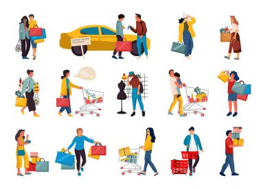 Moda insanlar. Çizgi filmdeki adam ve kadınlar mağazadan alışveriş yapıyorlar. Çanta taşıyan ve el arabası iten mutlu tipler. Müşteriler kıyafet, yiyecek ya da hediye alıyor. Vektör alışverişi kolikleri