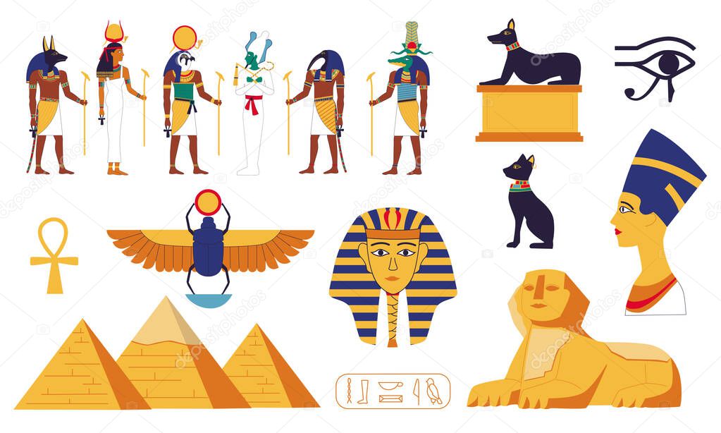Egypt collection. Ancient Egyptian gods or mythology sacral creatures. Sphinx and pyramid. Stone sculptures. Religion symbols. Decorative archeological elements. Vector historical set