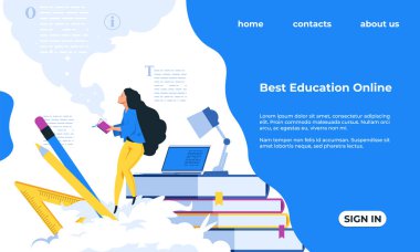 Online eğitim iniş sayfası. Eğitim konsepti. Kitap okuyan bir kadın. Öğrenim için internet hizmeti, tanıtım siteleri. Düğmelerle web sitesi arayüzü tasarımı. Vektör UI şablonu