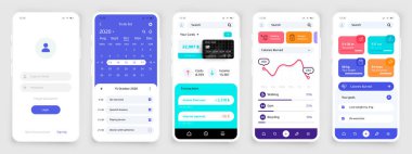 Akıllı telefon UI. Spor ve bankacılık uygulamaları için gerçekçi telefon ekranları. Giriş ve parola içeren planlayıcı uygulaması veya hesap kayıt formu arayüzü. Vektör ekran modelleri ayarlandı