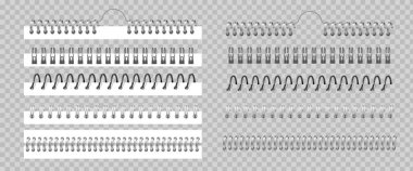 Metal klasör. Not defteri için gerçekçi gümüş veya siyah spiral bobinler. Üç boyutlu sarmal bağlama çarşafları seti ve şeffaf arkaplan üzerine çizim defteri ciltleri. Dikiş sayfaları için vektör kablosu