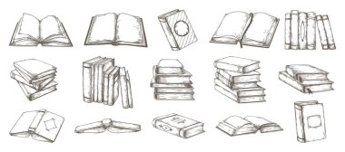 El çizimi kitaplar. Eskimiş yayınların sert kapaklı siyah-beyaz çizimi. Kurdele yer imleriyle açılmış ya da kapatılmış ders kitapları, yığınla defter. Vektör klasik edebiyat seti
