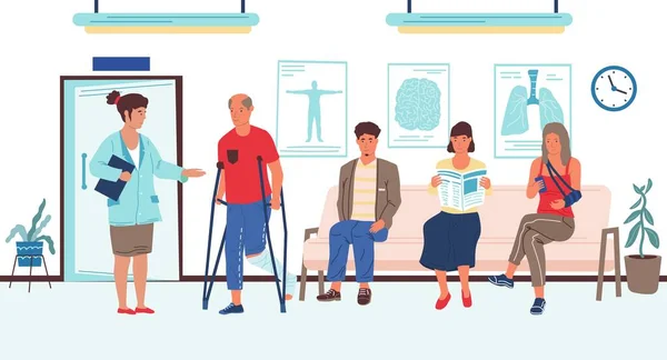 Les gens attendent à l'hôpital. file d'attente de rendez-vous à la clinique, patient handicapé parlant au médecin dans la salle d'attente intérieur. Concept vectoriel de soins de santé, examen médical et traitement — Image vectorielle