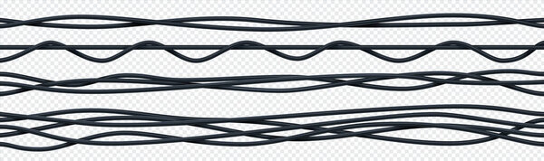 Realistic electrical cable. 3D seamless insulated electric copper wires. Curved bunch of black ropes. Intertwined wiring on transparent background. Vector electricity equipment set
