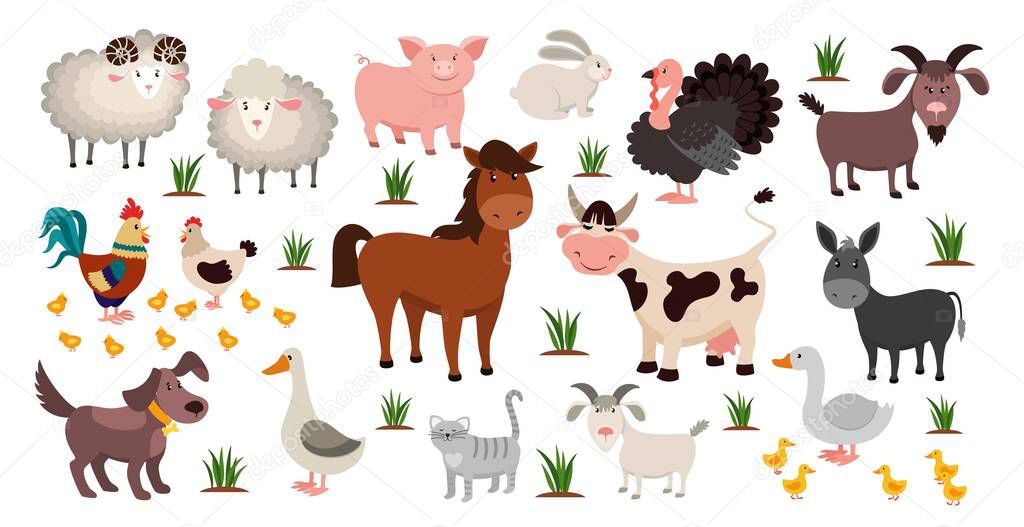 Farm animals. Stock raising concept. Cartoon sheep and goat, horse or cow. Domestic birds with cute chickens. Funny pets and livestock. Natural agriculture, vector rustic colorful set