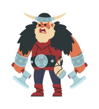 Viking. Karikatür İskandinav savaşçısı. Savaş baltaları ve boynuzlarıyla güçlü adam diye bağırıyor. Kas savaşçısı kürk pelerin ve metal toka takıyor. Kasklı, sakallı bir taşıyıcı.