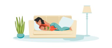 Anne ve çocuk uyuyor. Çizgi film kızı ve annesi kanepede uyukluyorlar. Ailesi olan bir kızın gündüz uykusu. İnsanlar kanepede sarılıp yatıyorlar. Çocuklu vektör kadın boş zaman geçiriyor.
