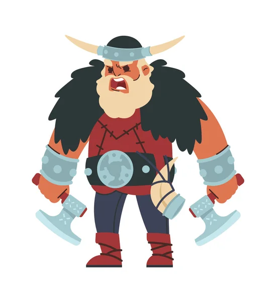 Vikingo. Dibujos animados guerrero escandinavo. Gritando hombre fuerte con hachas de batalla y cuerno. Muscular berserker usa capa de piel y cinturón de hebilla de metal. Vector persona barbuda aislada en casco — Vector de stock