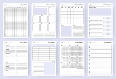 Organizatör. Boş sayfalar, iş günlüğü ve günlük yapılacaklar listesi. Haftanın ve ayın hedefleri için kağıt kağıtlar. Kopyalama alanı şablonu. Zamanlama için vektör ayarlandı