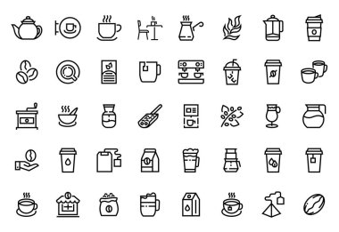 Kahve kuyruğu simgeleri. Kahve ve çay dükkanı logosu. Sıcak bardaklar. İçecekleri hazırlamak için malzeme ya da malzeme. Asgari sınır işaretleri. Vektör siyah ve beyaz sembolleri ayarlandı