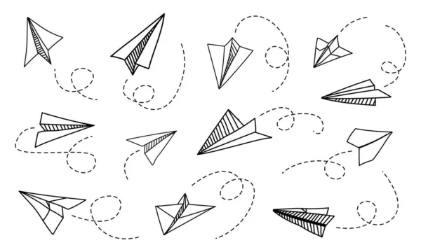 종이비행기. 손으로 낙서하는 비행기에 선로 가 달렸어. 메시지 전달 과 여행 계획. 손으로 만든 종이접기 비행선의 여러 면에서 볼 수있다. 벡터 항공 세트 — 스톡 벡터