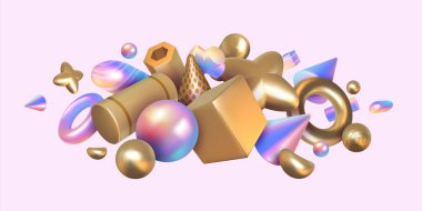 Geometrik oluşturma arkaplanı. Soyut holografik veya metalik elementler. Gerçekçi 3 boyutlu kare ve yuvarlak şekiller kompozisyonu. Eğim dokusuna sahip parlak figürler. Vektör yanardöner biçimler