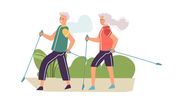 Elderly couple performing Nordic walking. Old people activity. Senior characters doing sport exercises in park. Grandmother and grandfather training together. Vector outdoor workout