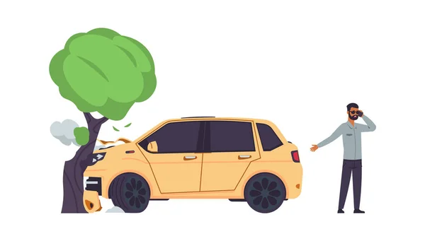 Car accident. Automobile crashes into tree. Man talking on smartphone. Angry driver calling tow truck. Broken vehicle with damaged hood. Vector collision of transport with plant trunk — Stock Illustration Car accident. Automobile crashes into tree. Man talking on smartphone. Angry driver calling tow truck. Broken vehicle with damaged hood. Vector collision of transport with plant trunk Vector Graphics