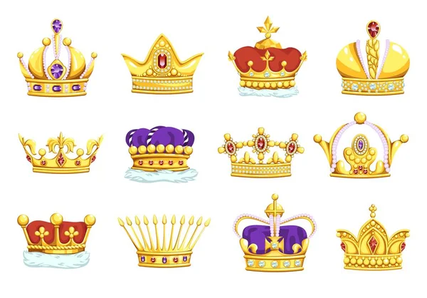 Cartoon crowns. Golden king and queen royal headwear. Gold diadems with diamonds. Monarch symbols set, coronation headdress. Vector yellow metal tiaras decorated with precious gems Royalty Free Stock Vectors