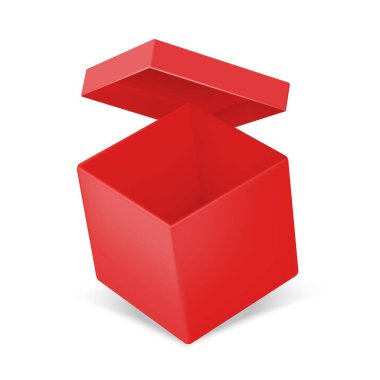 Kırmızı karton kutu. Gerçekçi açık paket modeli. 3D boş sürpriz konteynır. Geometrik karton kapaklı ambalaj. Hediyeler ve malzeme deposu için ayrı bir maket. Vektör boş parsel