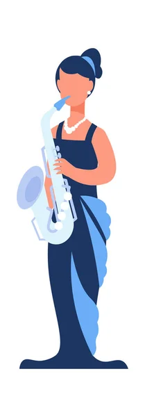 Cartoon musician. Woman with saxophone. Female playing music. Cute character holding musical instrument. Symphonic orchestra saxophonist or jazz band performer. Vector trumpet player — 스톡 벡터