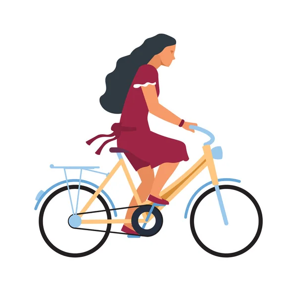 Femme à vélo. Dessin animé personnage féminin à vélo. Vue du profil de jeune cycliste mignon. Fille voyageant autour de la ville en vélo et en vélo dans le parc. Activité de plein air d'été vectorielle — Image vectorielle