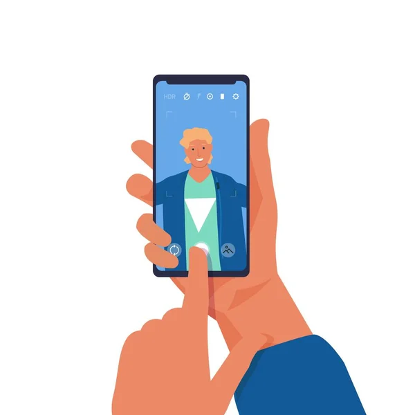 Un uomo che si fa selfie al telefono. personaggio dei cartoni animati scattare foto di se stesso su smartphone. Giovane maschio tenendo mobile e toccando pulsante sullo schermo del dispositivo. Persona vettoriale che fa istantanee — Vettoriale Stock