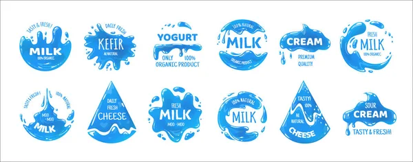 Süt ürünleri logosu. Peynir, krema ve yoğurt paketleme etiketleri. Marka yiyecek kapları için ayrılmış mavi etiketler. Damlaları ve damlaları olan amblemler. Doğal organik içecekleri yönlendir — Stok Vektör
