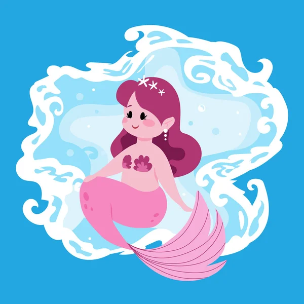Linda sirena de hadas. Niña con cola de pez rosa. Dibujos animados princesa marina y las olas del océano. Ninfa mitológica divertida del agua. Feliz joven costurera. Personaje vectorial ficticio bajo el agua — Vector de stock